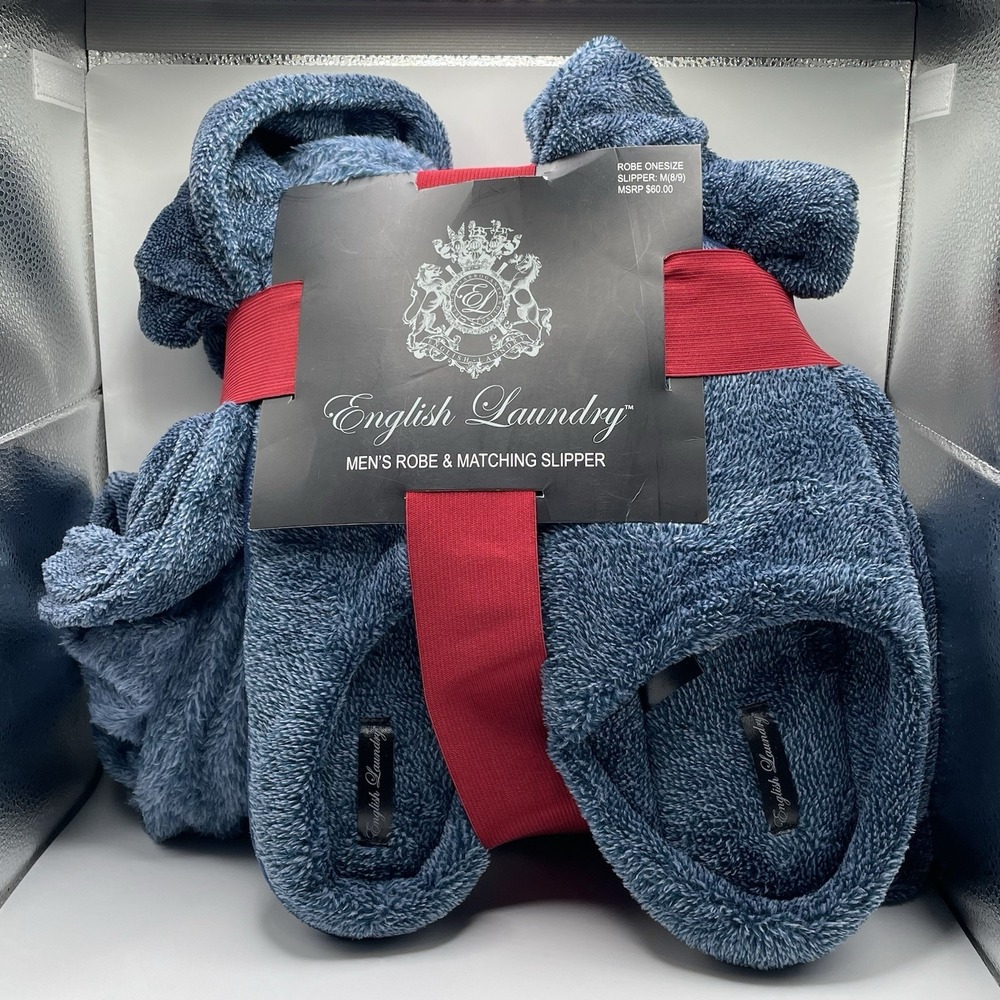 NEW English Laundry Robe & Matching Slipper (8/9 M) Set Mens One Size Dress Blue